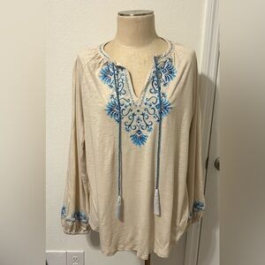 Bellisima Kim Gravel Embroidered Neckline And Sleeve Tassel Top NWOT Size L